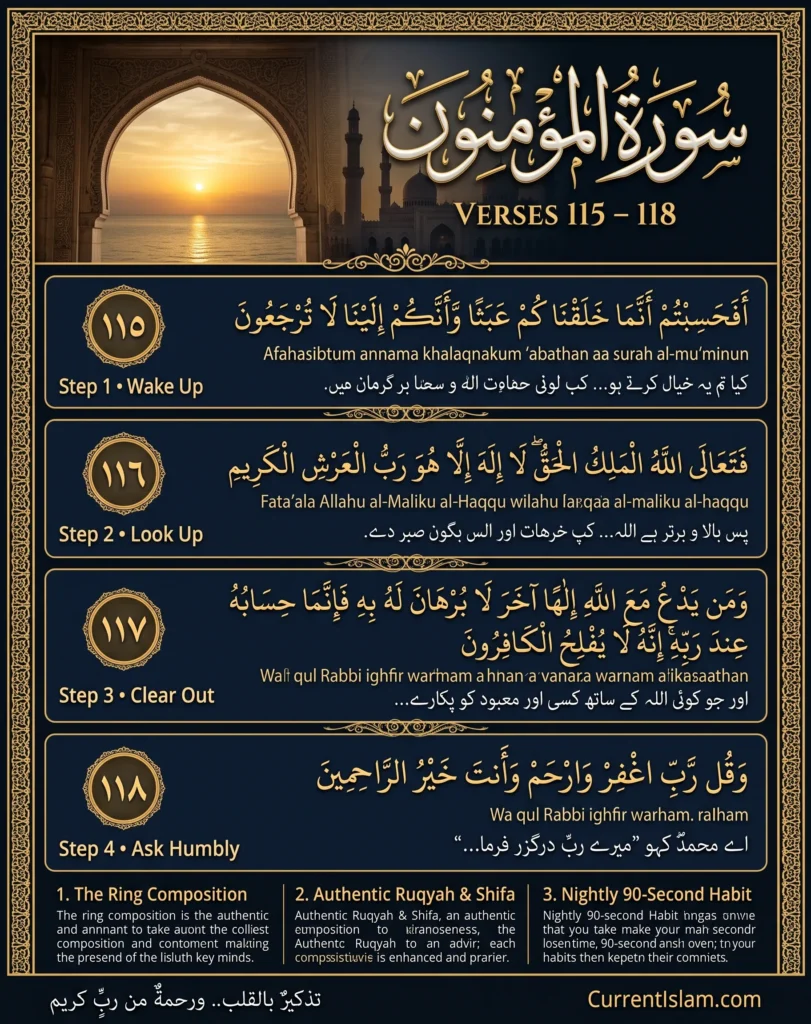 Vertical infographic detailing the last 4 ayat of Surah Al-Mu'minun (23:115-118), featuring Arabic calligraphy, transliteration, Urdu translation, and a 4-step nightly Ruqyah routine.