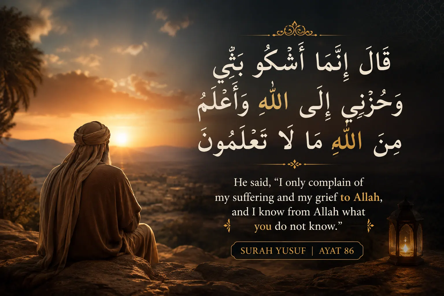 A man sitting in quiet reflection at sunset with the Arabic and English text of Surah Yusuf Ayat 86, Innama ashku bassi wa huzni, illustrating deep trust in Allah