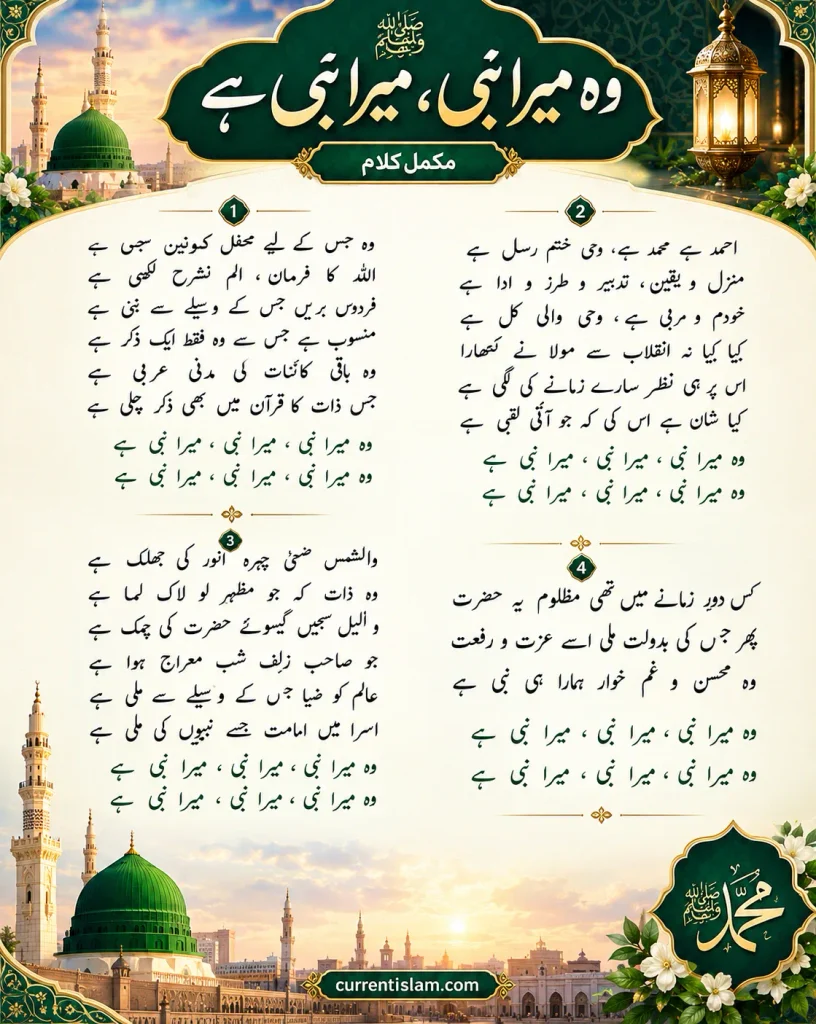Full Urdu lyrics poster for the naat 'Wo Mera Nabi Hai' featuring the Green Dome of Masjid al-Nabawi, traditional Islamic lanterns, and floral motifs.